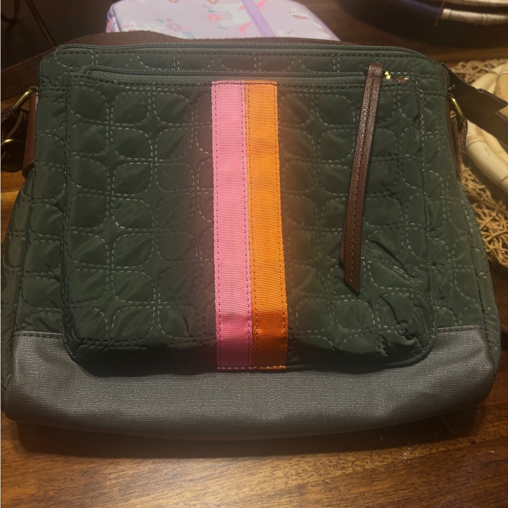 Fossil Green Quilted Crossbody Bag with Pink & Orange Stripe
